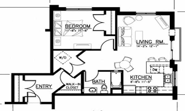 Floor plan for 1 bed, 1 bath, 693 sqft
